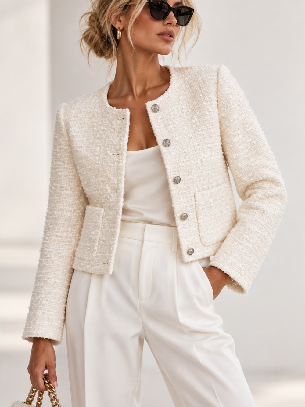 Ivory Bouclé Tweed cropped jacket with silver buttons, Chanel inspired
